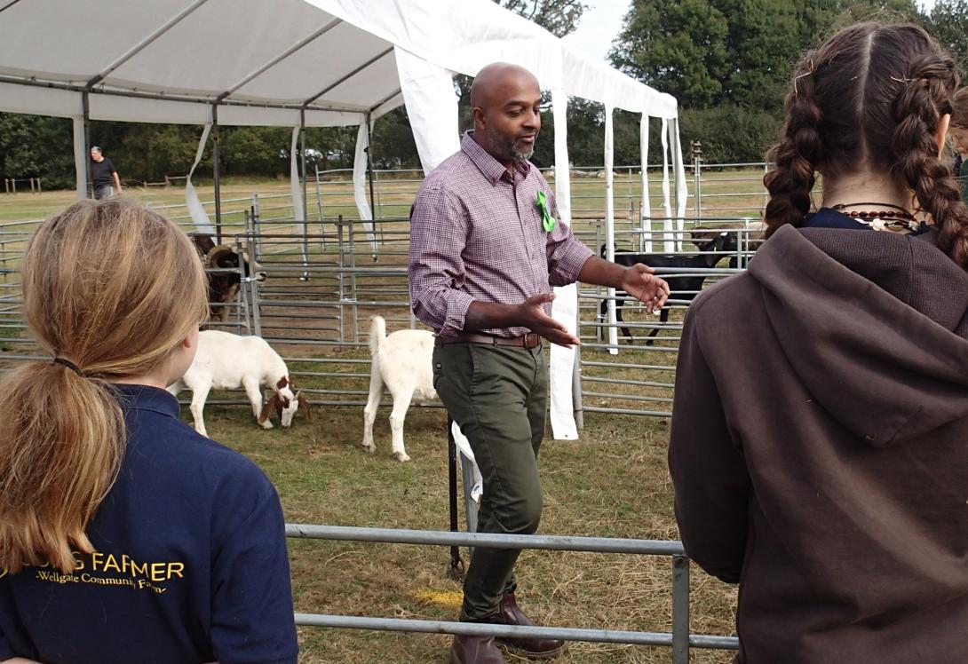 a rural scene where a man demonstrates to young farmers how to show sheep